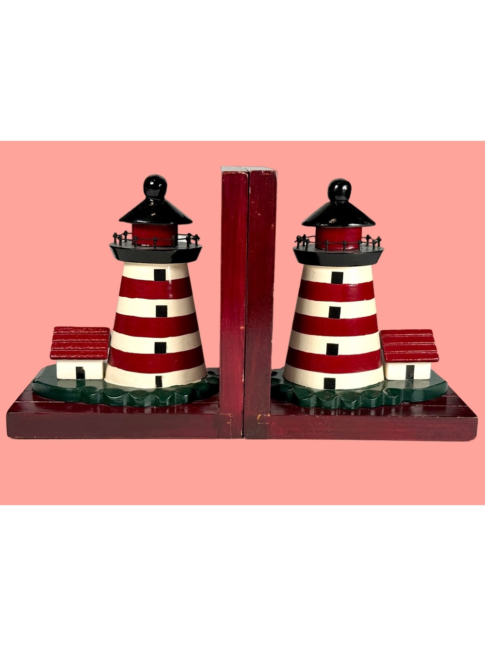 Vintage Quebec Lighthouse Bookends Painted Wood Nautical Coastal Cottage Decor